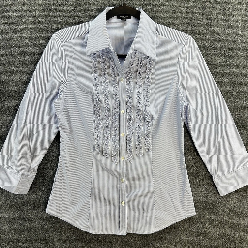 ANN TAYLOR Women Lightweight Stretch Cotton Blouse Size 4 Ruffle Blue White Work